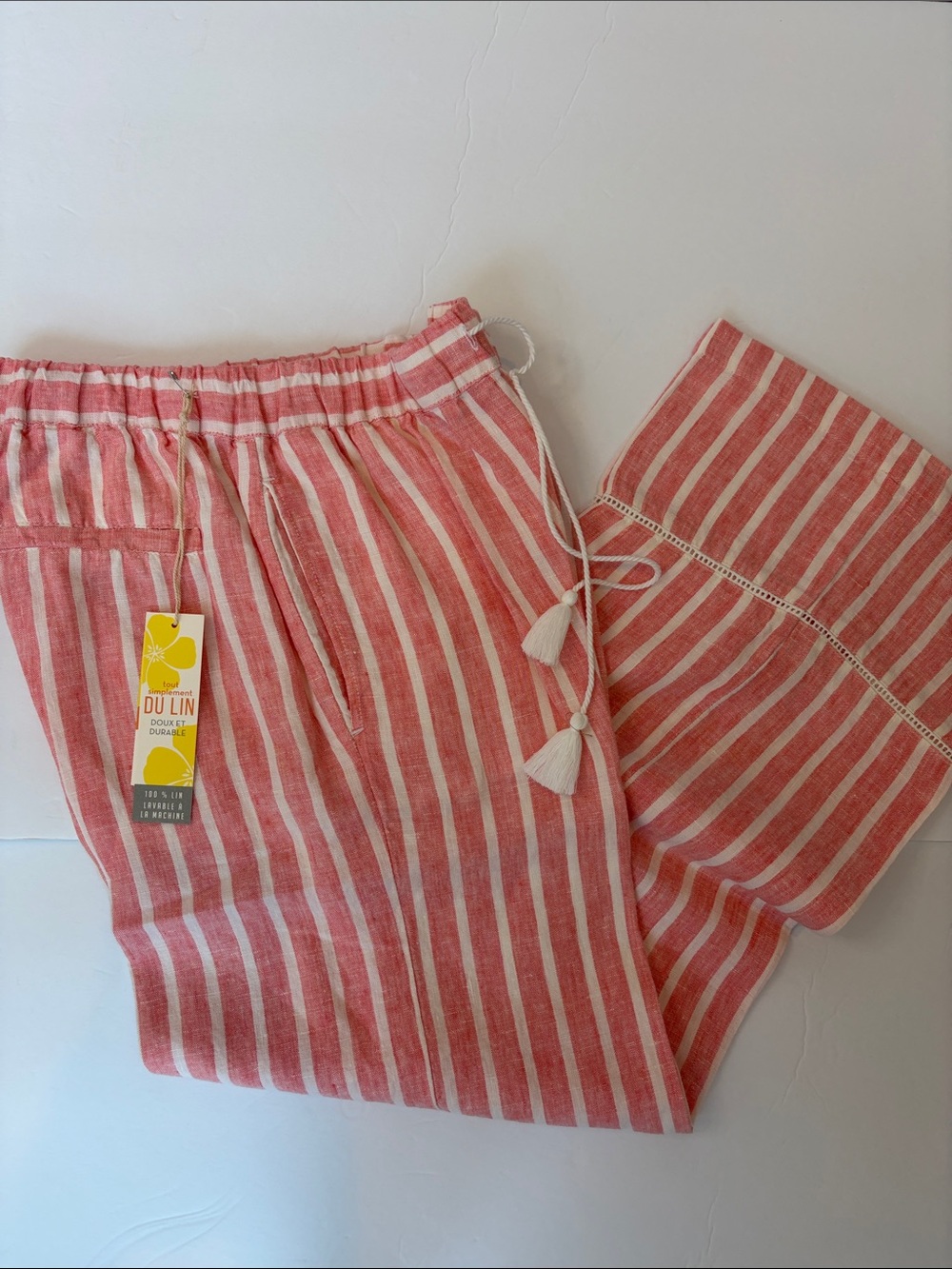 C&C California Coral/White Heather Linen Striped Wide Leg Pants-XS